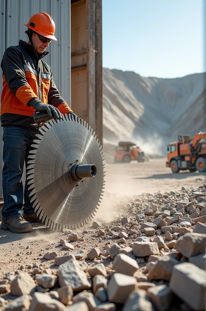 Create a thumbnail for a YouTube video about a 900mm diamond blade used to cut soft rock. In the image, on the left, show a man operating a large benchtop machine with a diamond blade, cutting soft rock. The man should be wearing full personal protective equipment (PPE). The machine should be water-cooled as it cuts, with the rock fragmenting into various sized chips, ready to be laid into walls as cladding. The environment should be slightly dusty. On the right side of the image, show an active quarry, with rock being extracted by excavators and trucks.