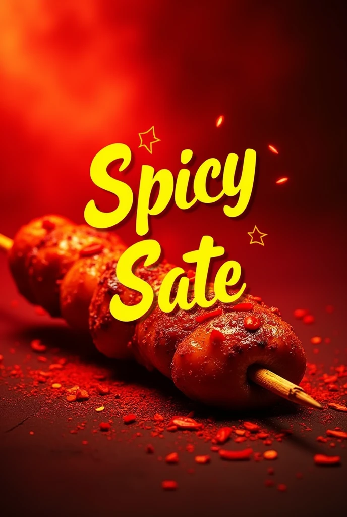 An Instagram post showcasing a special menu item: spicy the big sate skewers. The post features a close-up of the skewers with chili flakes and a side of dipping sauce. The background is a fiery red gradient, and the text "Spicy Sate - Only for the Brave!" is displayed in bold, dynamic fonts. Created Using: vivid colors, high contrast, dynamic composition, modern typography, spicy theme, hd quality, vivid style
