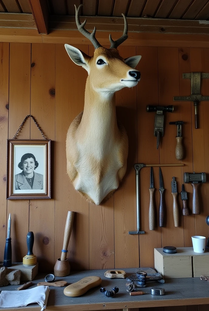 ((Japanese countryside))Taxidermy studio in、Old photos on the wall、The photo was of a smiling Japanese taxidermist and a young Japanese woman.、That's how it is々Various tools were hanging on the wall of the workshop.