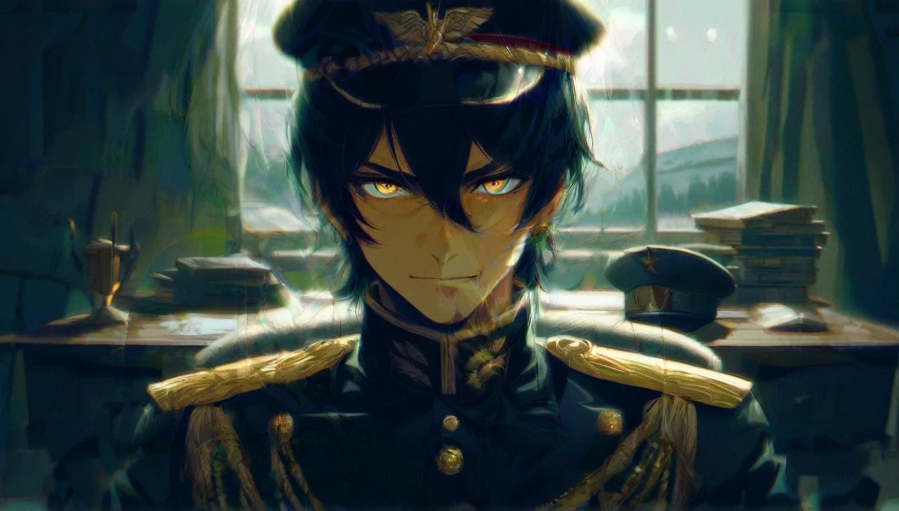 anime 2.5D impressionism, handsome man, short black hair with long bangs and narrow eyes of bright honey color and tanned skin, in his office as if on a throne, look of superiority and sharp gaze and vintage commander clothes and commander's beret, background landscape, dark smile, rude, evil look, some lights, high resolution, oil paint, style 2.8D with impressionism