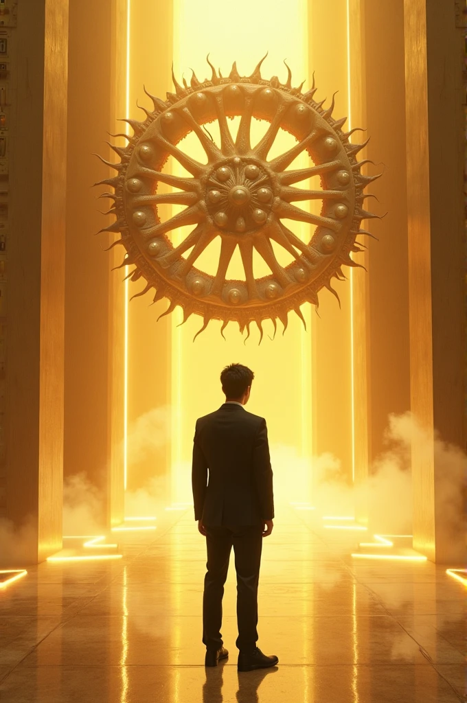 A young man in black suit in a white heavenly gold room facing a six winged creature shaped like a wheel covered with eyes