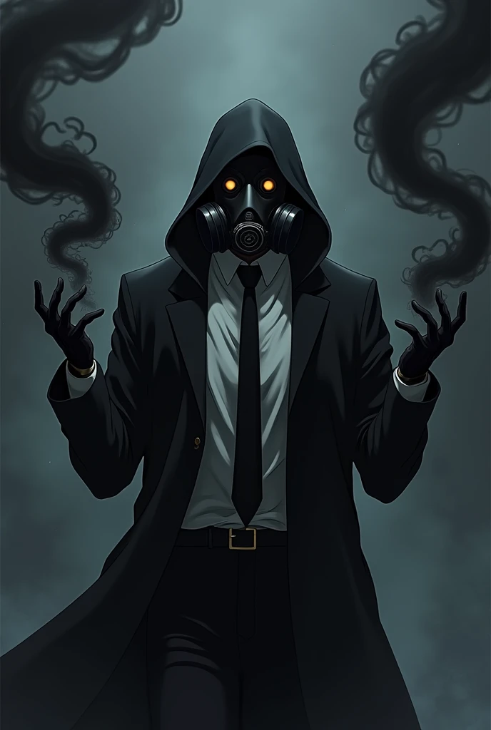 create an anime character ,that he is wearing a black gas mask with only one respirator that covers his entire head and a dress shirt with a black tie and a black overcoat and he has the power to control darkness as if they were black flames of darkness in his hand.
