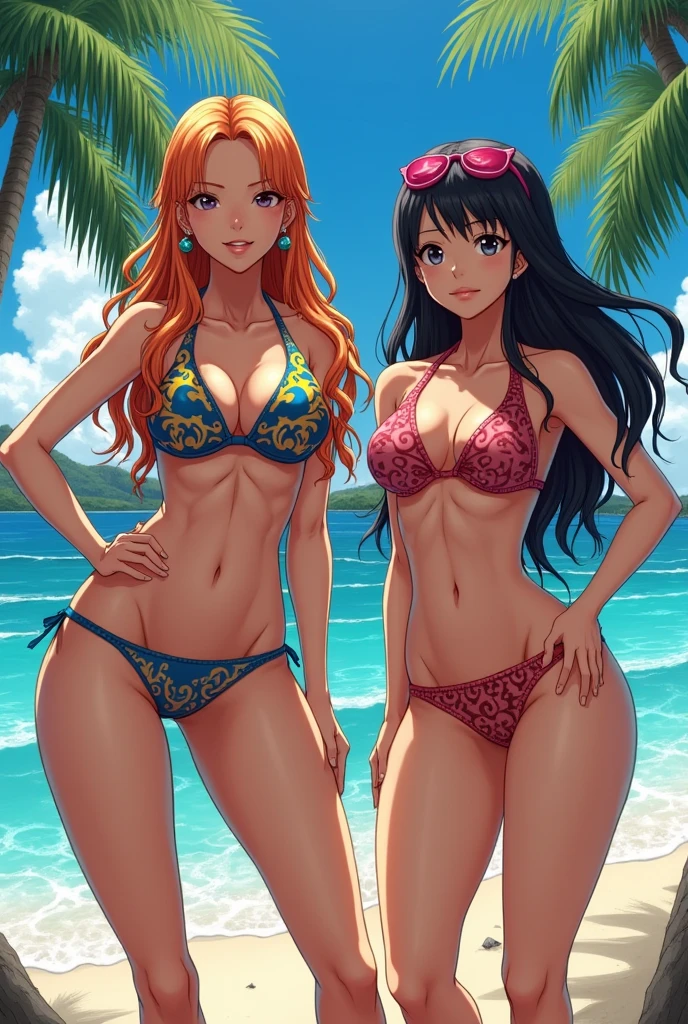 Boa Hancock and Nami in one piece bikini with muscular biceps