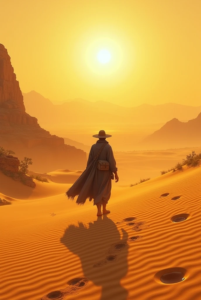 Generate me an image of a person walking through the desert in a very hot weather 