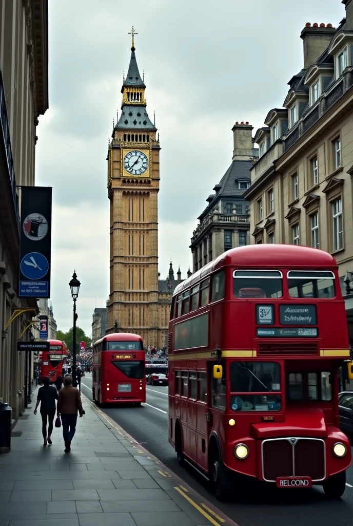 (photorealism:1.2),london with clock ,buses,and in perspective
