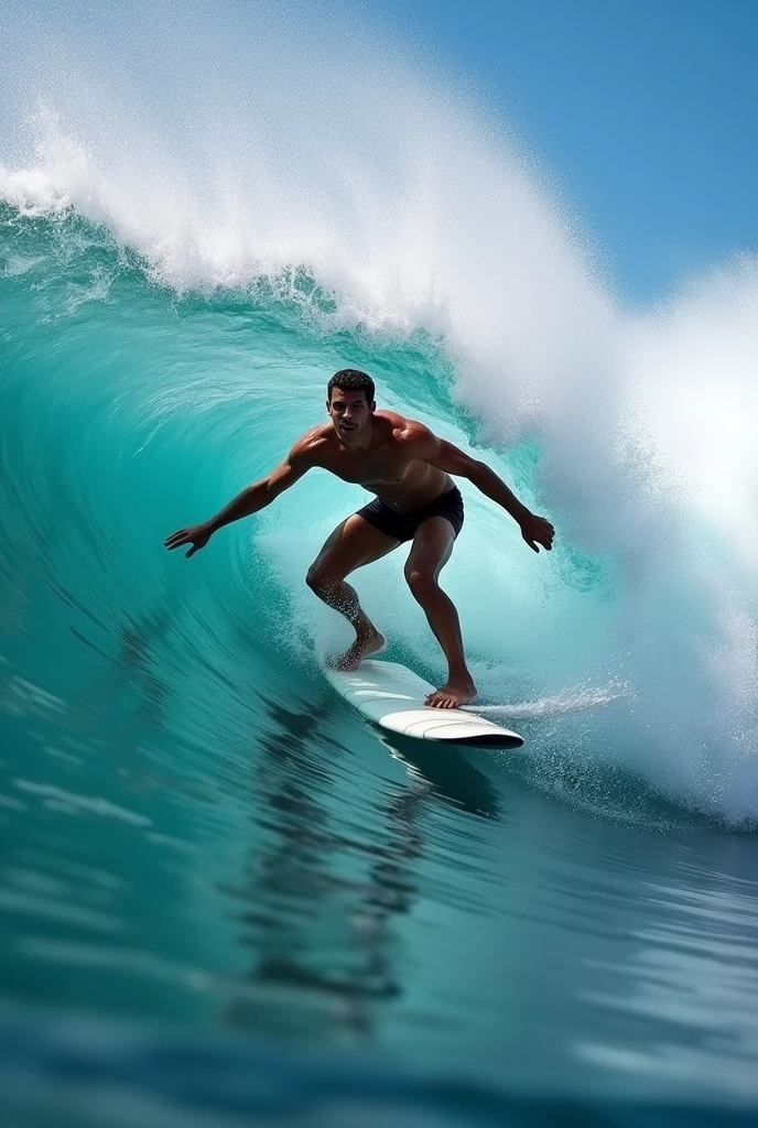 hmm man looks like a shark surfing on a board a very beautiful wave