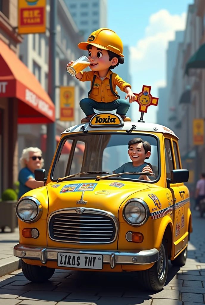 A modern taxi with a 50 sign% large discount in several places, Next to it there are signs with the name Lucas TNT , the taxi customized with beers beer stickers on top of the taxi a cartoon engineer drinking beer