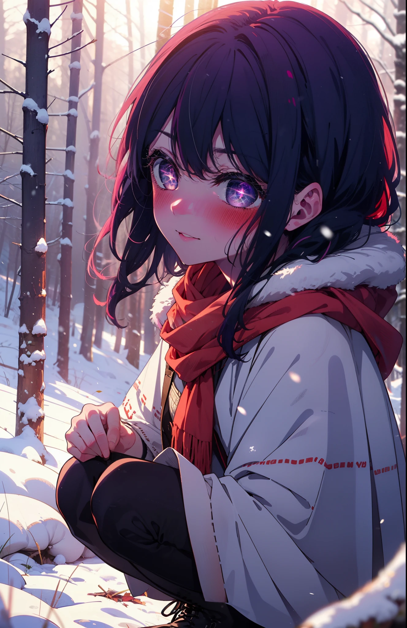 aihoshino, Ai Hoshino, Long Hair, bangs, (Purple eyes:1.1), Purple Hair, (Symbol-shaped pupil:1.5), smile,,smile,blush,white breath,
Open your mouth,snow,Ground bonfire, Outdoor, boots, snowing, From the side, wood, suitcase, Cape, Blurred, , forest, White handbag, nature, Squat, Mouth closed, Cape, winter, Written boundary depth, Black shoes, red Cape break looking at viewer, Upper Body, whole body, break Outdoor, forest, nature, break (masterpiece:1.2), Highest quality, High resolution, unity 8k wallpaper, (shape:0.8), (Beautiful and beautiful eyes:1.6), Highly detailed face, Perfect lighting, Highly detailed CG, (Perfect hands, Perfect Anatomy),