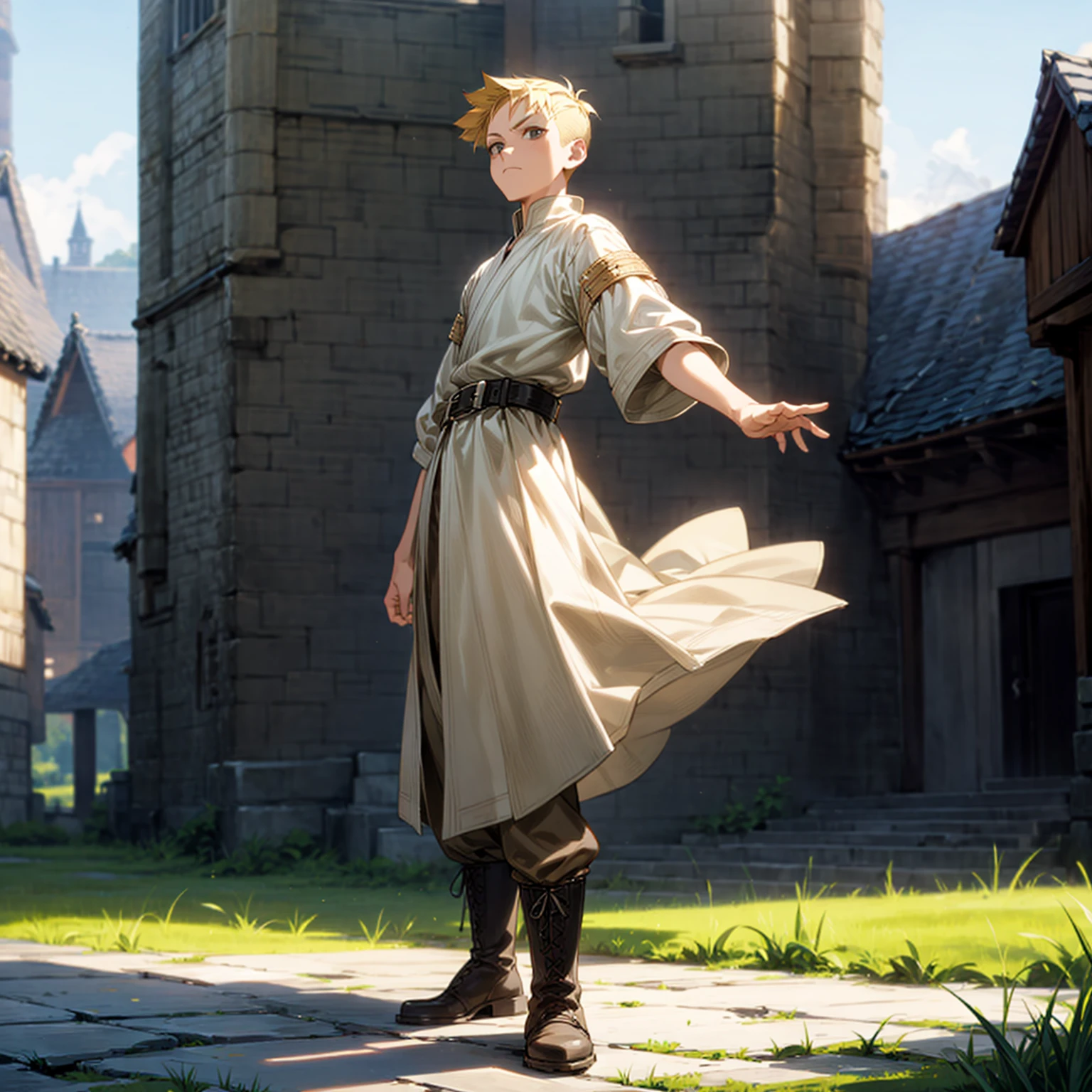 Solo character, full body version, young boy, black eyes, blonde color hair, undercut hair, casual clothing, boots, belt, outdoor, village, medieval, morning, standing gesture, detailed background, detailed clothing, detailed hair,  (one piece style art), (Bleach style art)