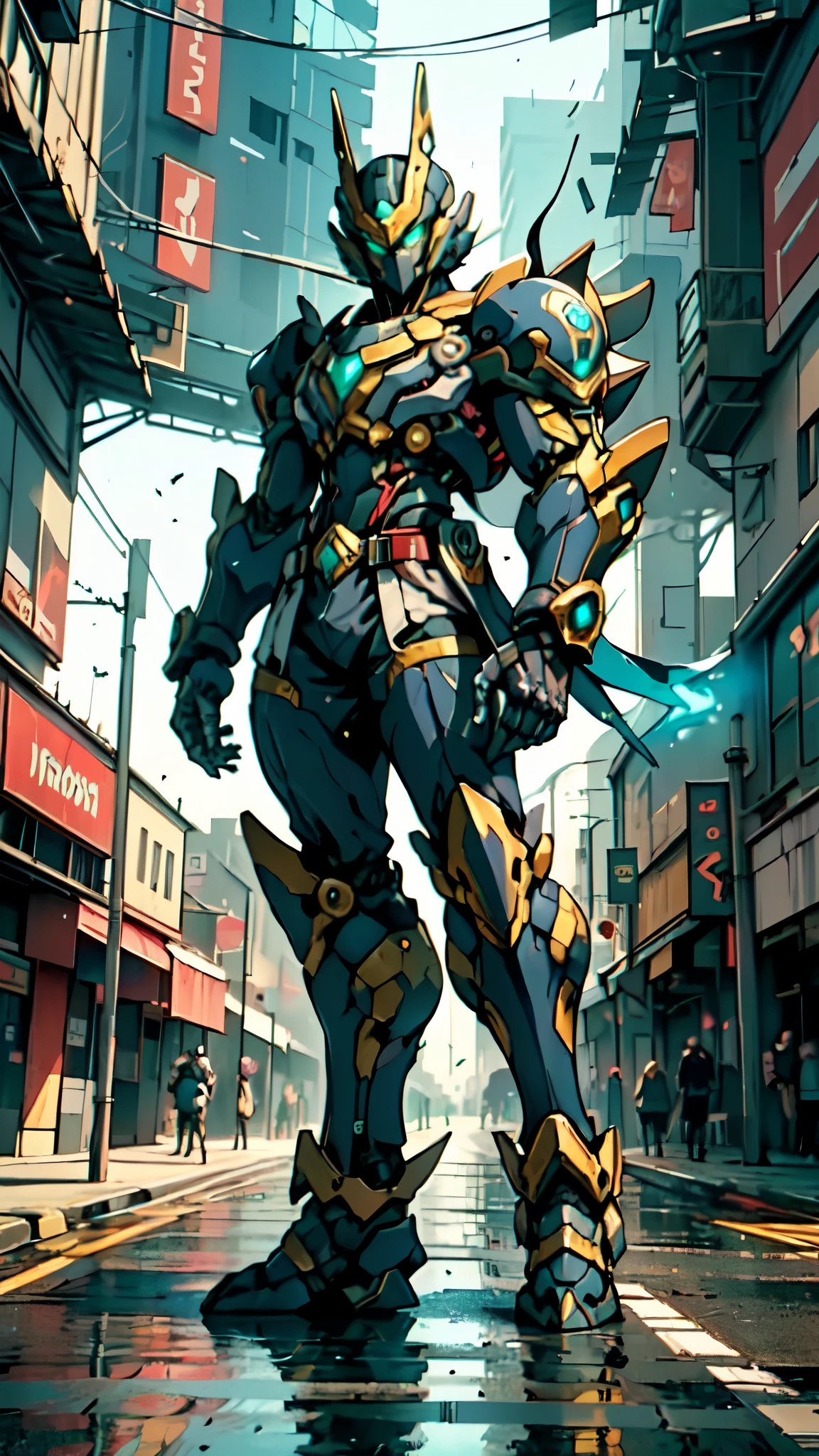 (masterpiece:1.5, best quality:1.5, extremely delicate:1.5), a man wearing a full-face helmet, a fantasy-style biotech armored combat suit, green eyes, (a composite layered chest armor), fully enclosed shoulder guards, matching arm and leg guards, belt of Neon circuit, (the color scheme is primarily blue with red and black accents), the design balances heavy with agility, a high-tech bio-mecha armor, (Armor Concept Inspired by neon Cyberpunk, stand on the top of a skyscraper in a futuristic sci-fi city), this character embodies a finely crafted fantasy-surreal style armored hero in anime style, exquisite and mature manga art style, (element, plasma, energy, the armor glows), ((male:1.5)), metallic, high definition, highres, ultra-detailed, ultra-fine painting, professional, perfect body proportions, golden ratio, anatomically correct, symmetrical face, extremely detailed eyes and face, high quality eyes, creativity, RAW photo, UHD, 32k, Natural light, cinematic lighting, masterpiece-anatomy-perfect