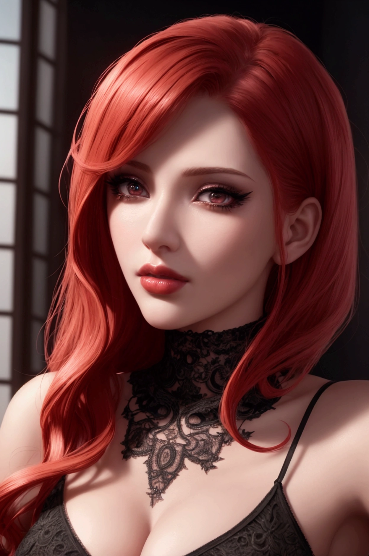 a hot tall bimbo woman with red hair and black eyes, beautiful detailed eyes, beautiful detailed lips,extremely detailed eyes and face,long eyelashes,photo-realistic,octane render,masterpiece,intricate details,cinematic lighting,dramatic shadows,vivid colors,highly detailed,award winning,digital painting