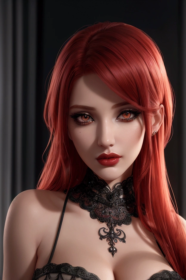 a hot tall bimbo woman with red hair and black eyes, beautiful detailed eyes, beautiful detailed lips,extremely detailed eyes and face,long eyelashes,photo-realistic,octane render,masterpiece,intricate details,cinematic lighting,dramatic shadows,vivid colors,highly detailed,award winning,digital painting