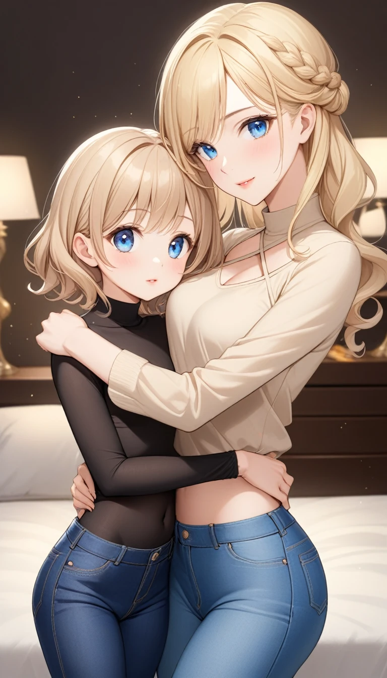 Two beautiful ladies ((lady 1: 35y old mom, with mid straight blonde hair, lady 1 with blue eyes and caucasian skin, lady 1 wearing Tight Jeans Shorts, lady 1 Sexy Criss Cross Mock Neck Mid Sleeves Black Blouse)), ((lady 2: y old daughter, with short curly blonde hair, lady 2 with blue eyes and caucasian skin, lady 2 wearing Tight Jeans Skirt, lady 2 Sexy Criss Cross Mock Neck Mid Sleeves Beige Blouse)), luxurious jewelry, 18k gold wedding ring on left hand, standing in their bedroom at night, hugging and kissing each other, (light brown lipstick), (elegant mascara), (slim body), (small breasts), (wide hips), endjourney, <lora:GoodHands-, <lora:GoodLegs-, UHD, high resolution, (expressive eyes, perfect face, full body, expressive face, perfect body, perfect pussy, athletic, fit, slim body, blushing, Perfect makeup, eyeliner, beautiful eyelashes, smiling, horny face), ((best illumination, best shadows)), ((sexy pose)), ((Front pov:1.7))