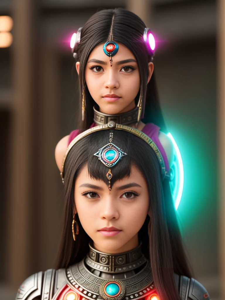 Create a photograph of a young cyborg girl with the ability to manipulate time, who travels back to ancient Aztec civilization to prevent her ancestors from sacrificing their own. Using her powers, she creates a time portal with a vibrant color scheme, to reveal the beauty of Aztec architecture, with a fusion of traditional anime-inspired character design and scenic shots.