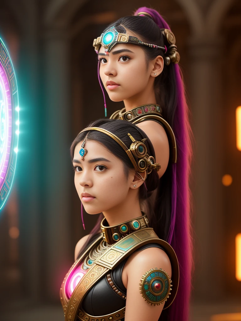 Create a photograph of a young cyborg girl with the ability to manipulate time, who travels back to ancient Aztec civilization to prevent her ancestors from sacrificing their own. Using her powers, she creates a time portal with a vibrant color scheme, to reveal the beauty of Aztec architecture, with a fusion of traditional anime-inspired character design and scenic shots.