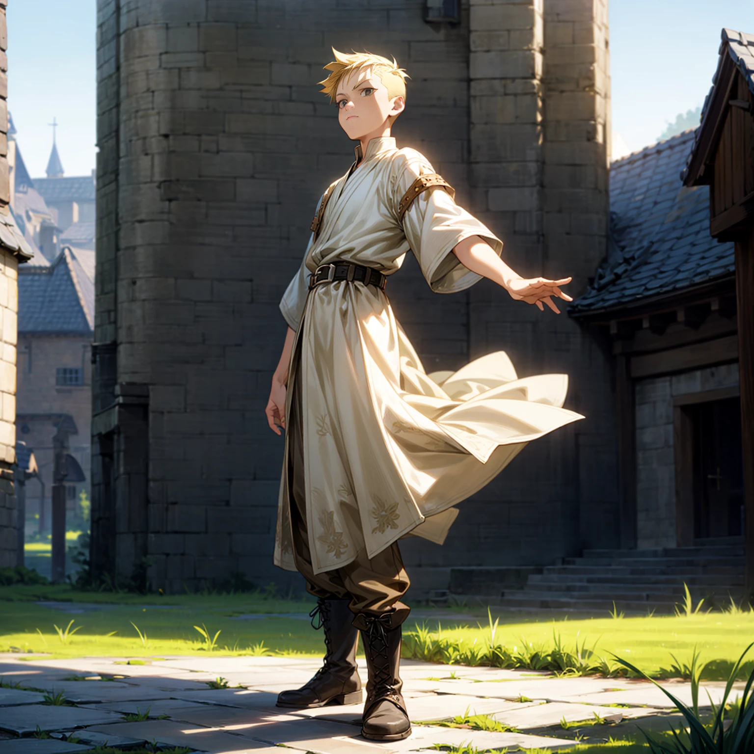 Solo character, full body version, young boy, black eyes, blonde color hair, undercut hair, casual clothing, boots, belt, outdoor, village, medieval, morning, standing gesture, detailed background, detailed clothing, detailed hair, (one piece style art), (Bleach style art)