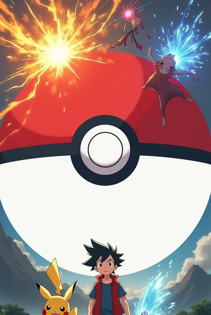 "Create a Pokemon-themed background template inspired by a Pokeball. The main area should be white, taking up about 60% of the image, with a thin black horizontal line separating it from a red top section (30%) and a smaller gray bottom section (10%). In the white area, place a smaller, semi-transparent 'Pokemon' logo. In the foreground, position photorealistic versions of Ash (as a teenager) and Pikachu, occupying about 20% of the image height. Behind them, create a dynamic battle scene with various Pokemon using their powers, showcasing vibrant colors like electric yellow, fiery red, and watery blue. The overall style should blend realism with the iconic Pokemon aesthetic."