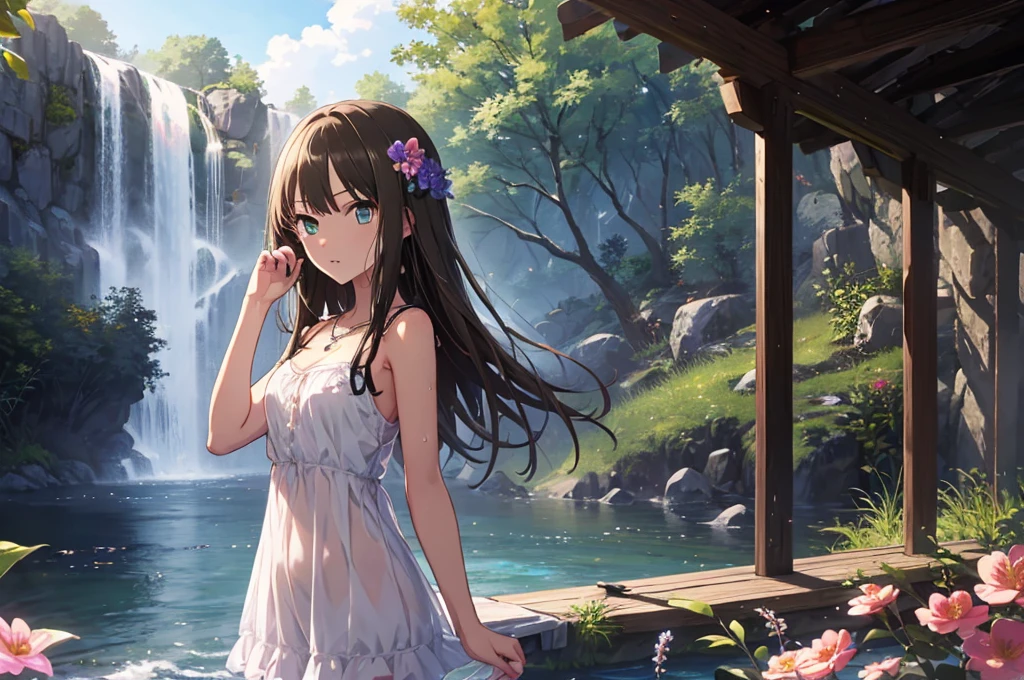 Highest quality、Masterpiece、Highest Resolution、Shibuya Rin、Dark Eyes、Standing at the waterfall、sweet、Wet and transparent camisole dress、Body lines are visible、Flower Hair Ornaments、necklace、slender、View Viewer