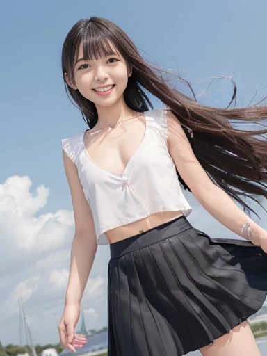 Japanese female, (underweight), (flat chest best quality:1.5), 30 years old, (cheerful grin:1.3),
(My skirt is blown up by the wind:1.3)