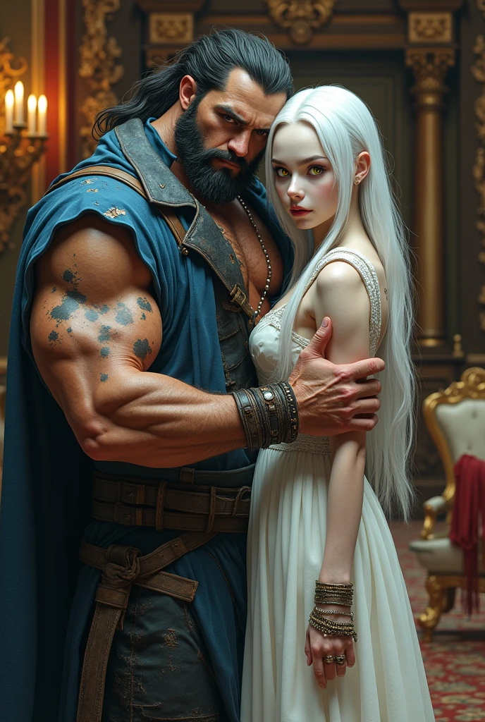 A strong man, one-eyed, with torn blue and black clothes, scratches on her body with an albino girl, yellow eyes with a white dress with pink of much money