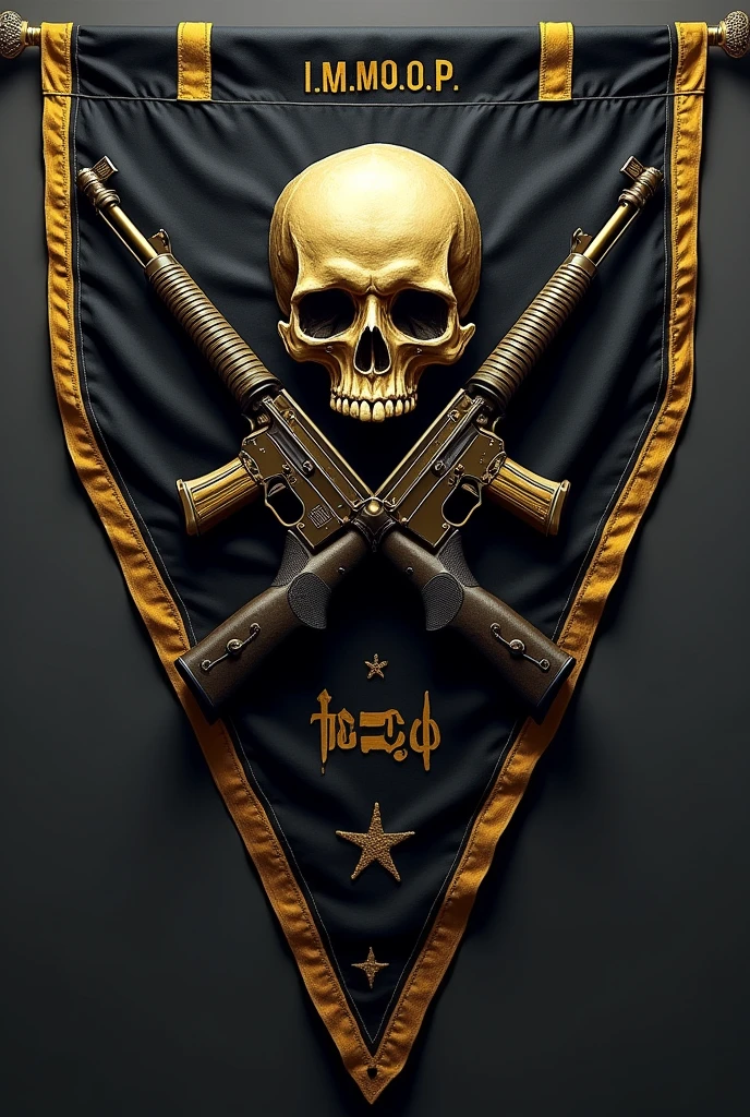 Make a triangular flag horizontally, Let the background be black and its edges golden, and in the center there is a skull and some crossed rifles and on the top it says I.m.m.O.p. and at the bottom 2024.