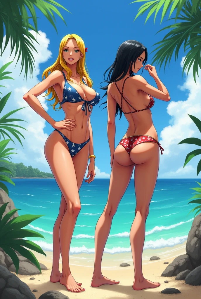 Boa Hancock and Nami in bikini muscled with biceps in one piece 