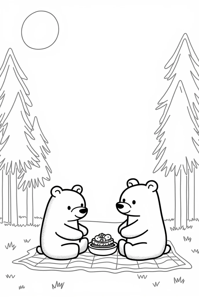 simple coloring page of cute and simple bears on a picnic in the forest, the day is beautiful. with simple and minimalist strokes, more childish drawing, I need the lines to be spaced and clean to make it easier for people to color the drawing. simple trees and little vegetation. Sun in the sky. estilo bobbie goods