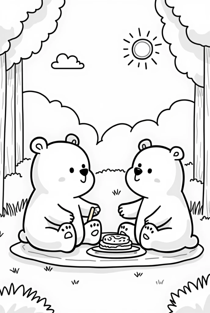 simple coloring page of cute and simple bears on a picnic in the forest, the day is beautiful. with simple and minimalist strokes, more childish drawing, I need the lines to be spaced and clean to make it easier for people to color the drawing. simple trees and little vegetation. Sun in the sky. estilo bobbie goods