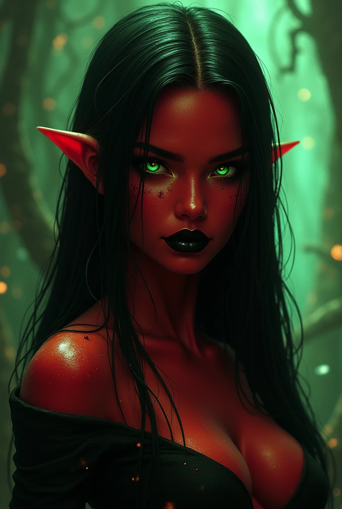 A woman with red skin,and face red Latin features, long black syraight hair with a streak of pure gold and long phosphorescent green almond eyes with black sclerotic in a realistic dark fantasy villain,knife scars on the face already healed, black lips and somewhat pointed ears