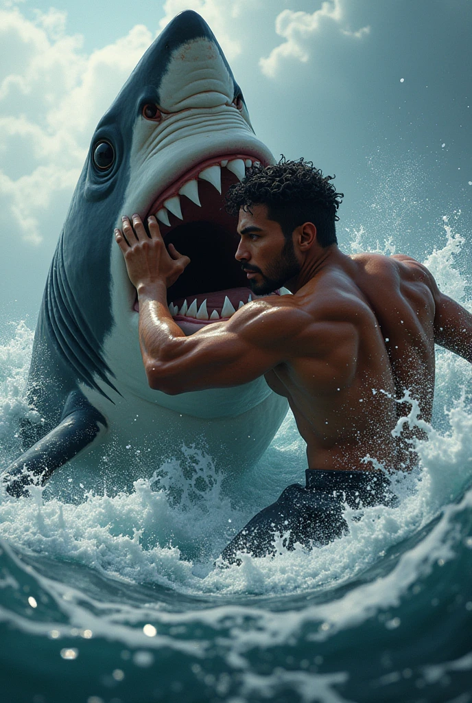 Create an image of a dark-skinned man, with short curly hair of black hair, 25 years old, Fighting a shark with his fists