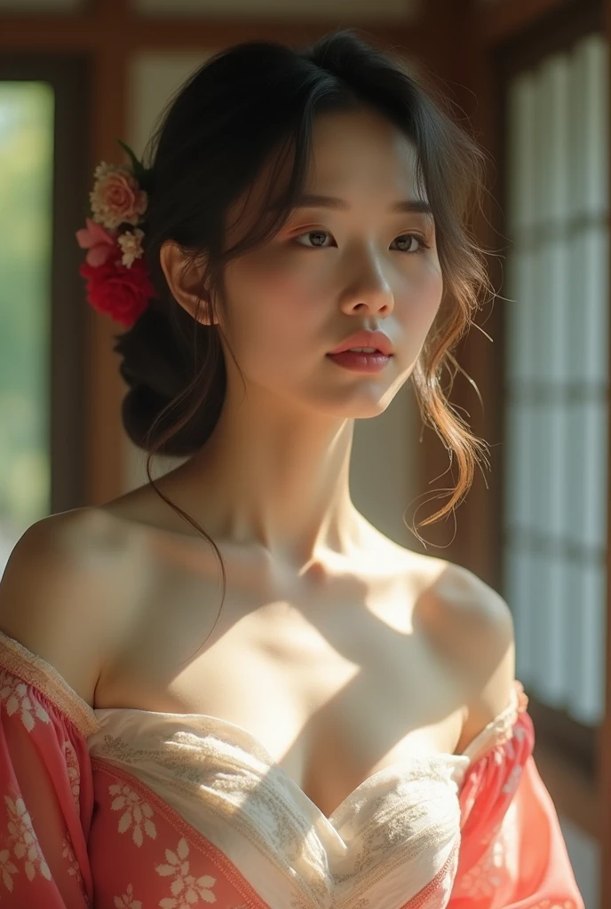 An elegantly dressed Japanese woman in natural light、A close-up of her chest and calm expression.、It shows her inner peace and outer charm.。