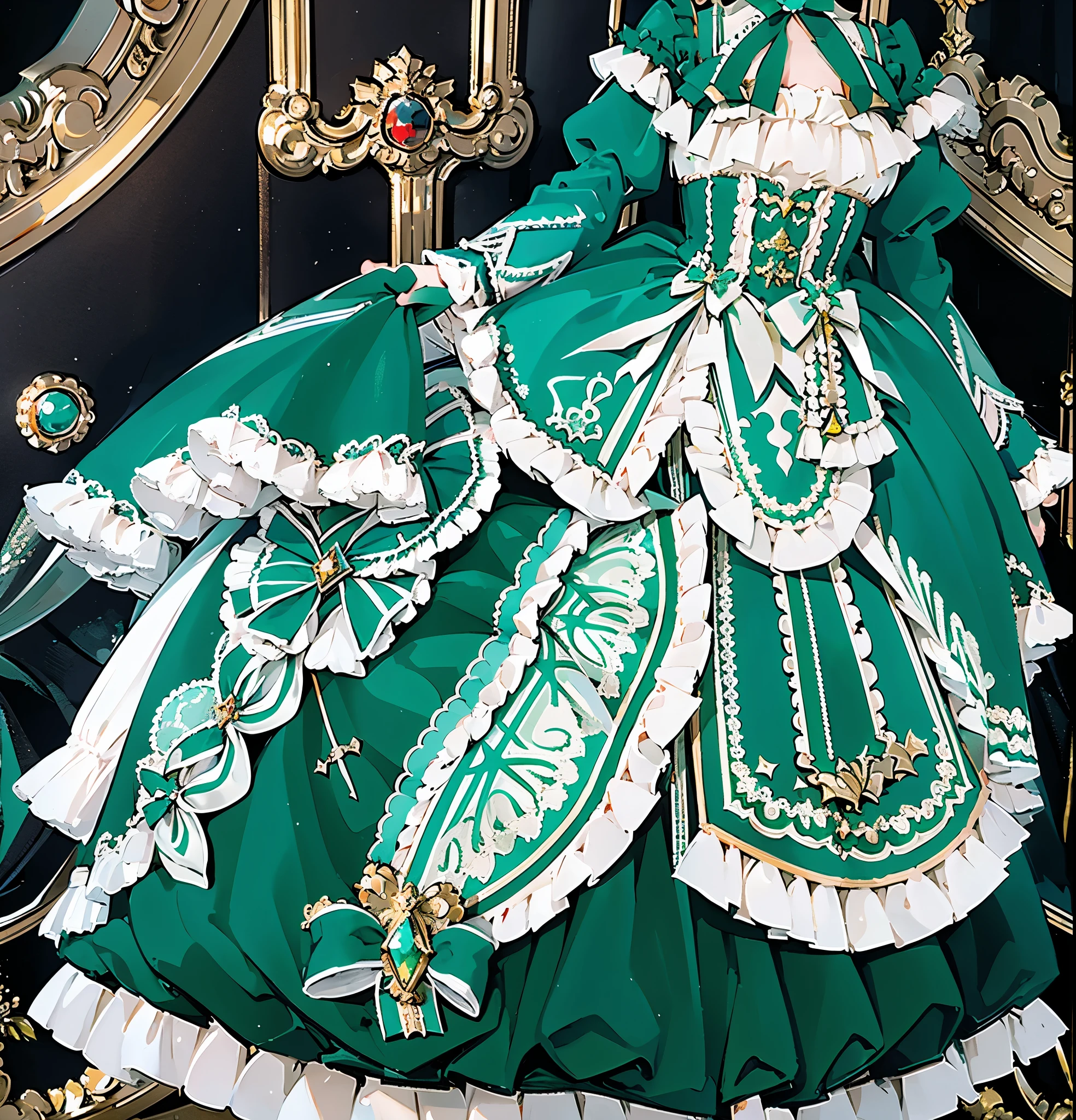 alone, length_sleeve, dress, Frills, green_bow, Frills_dress, Victorian,girl,Black Hair