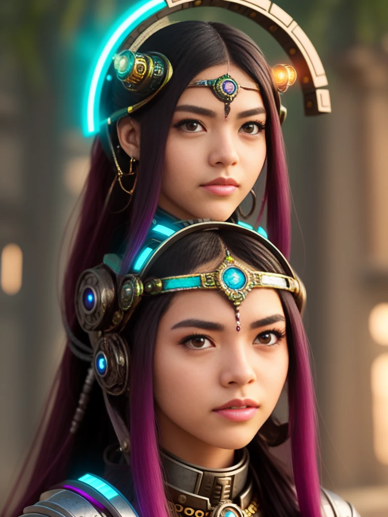 Create a photograph of a young cyborg girl with the ability to manipulate time, who travels back to ancient Aztec civilization to prevent her ancestors from sacrificing their own. Using her powers, she creates a time portal with a vibrant color scheme, to reveal the beauty of Aztec architecture, with a fusion of traditional anime-inspired character design and scenic shots.