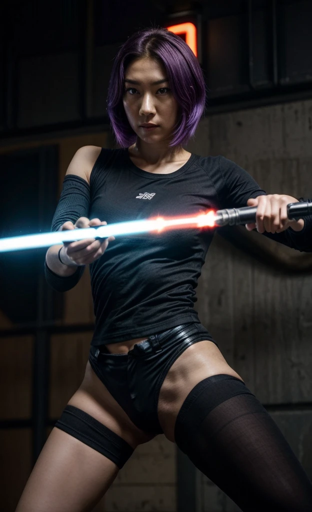 Natasha Liu Bordizzo as Sabine Wren, neckline, expressive eyes, focus on eyes, lightsaber, straight purple hair, NSFW, short black shorts, tight black t-shirt
