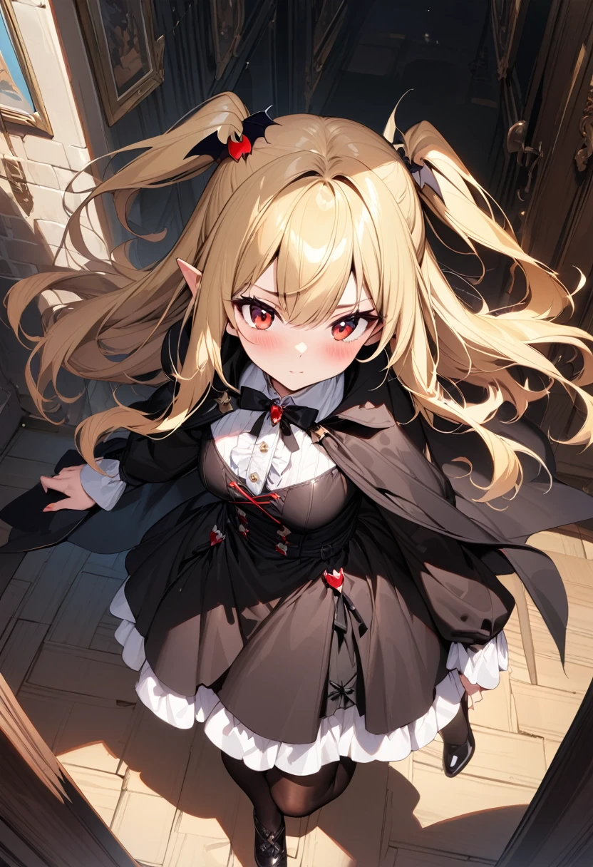 (masterpiece),(best quality),(ultra-detailed),(best illustration),(best shadow),(absurdres),(detailed background),(very aesthetic), 1girl, solo, blonde-hair, red-eyes, pointy-ears, looking-at-viewer, long-hair, pantyhose, vampire, dress, two-side-up, black-pantyhose, hair-ornament, black-dress, cape, bat-hair-ornament, standing, long-sleeves, blush, thick thighs, frills, black-cape, closed-mouth, short-dress, floating-hair,