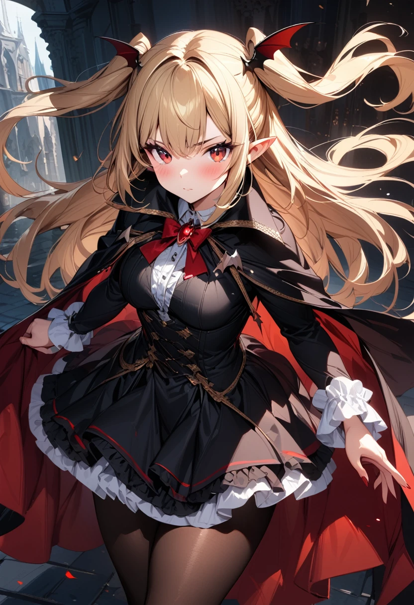 (masterpiece),(best quality),(ultra-detailed),(best illustration),(best shadow),(absurdres),(detailed background),(very aesthetic), 1girl, solo, blonde-hair, red-eyes, pointy-ears, looking-at-viewer, long-hair, pantyhose, vampire, dress, two-side-up, black-pantyhose, hair-ornament, black-dress, cape, bat-hair-ornament, standing, long-sleeves, blush, thick thighs, frills, black-cape, closed-mouth, short-dress, floating-hair,