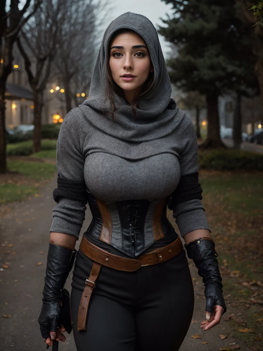 Gorgeous and sultry busty athletic (thin) brunette rogue with sharp facial features wearing a wide hood, medieval hair cover, rough-spun grey and black medieval thief attire, mask, long sleeves, loose sleeves, tunic, cowl, gloves, breeches, trousers, corset, Middle Ages, village, exterior, trees, countryside, nighttime, moonlight. large breasts.