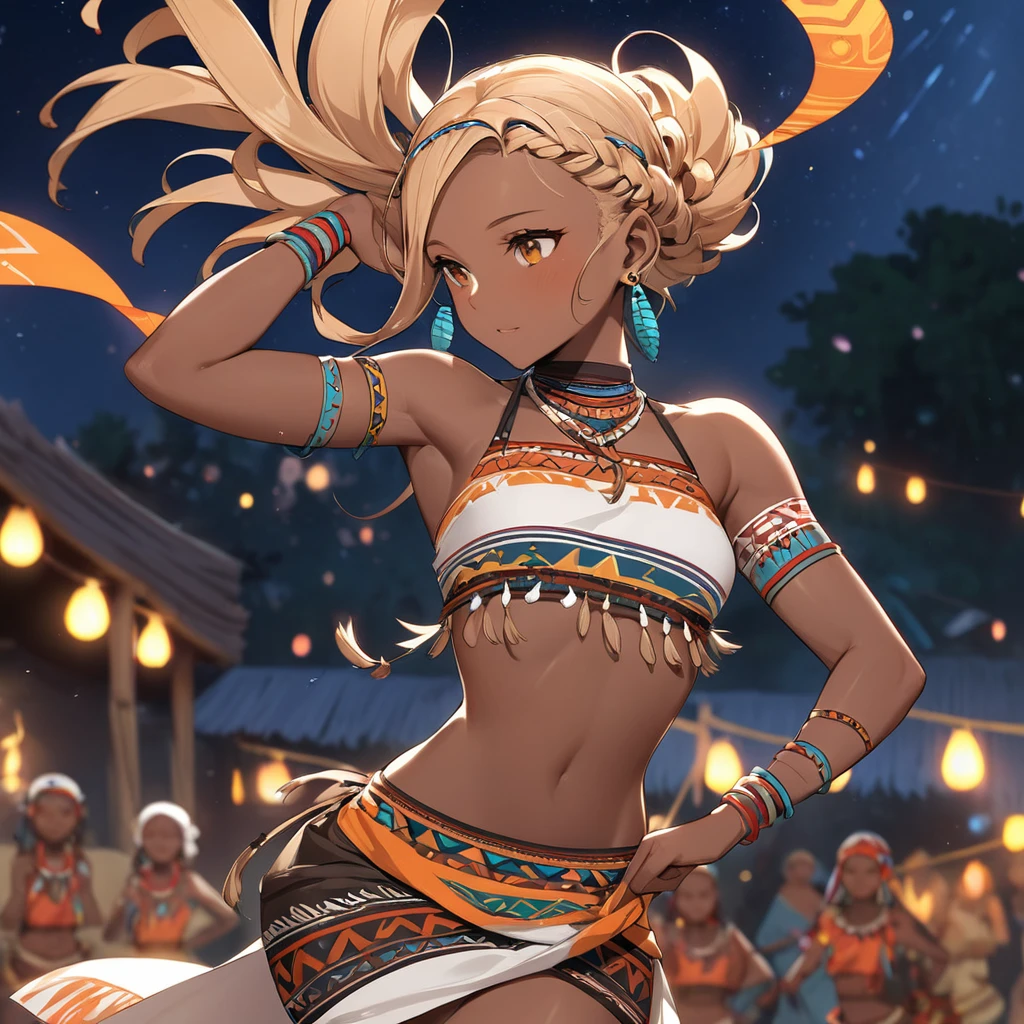 ((Highest quality)), ((masterpiece)), (detailed), (Perfect Face)、The woman has bright black skin、Strong curly hair slicked back、Black, dark skinned, African native tribal woman、The amount of hair is small、Light brown hair、Very short curly hair、Braided hair with detailed braids and slicked back、Her hair is braided and thin, and she wears a tribal headdress and a tribal headscarf.、African black woman beautifully dressed in tribal clothing, tribal earrings and tribal accessories, wearing tribal makeup、A beautiful tribal woman with tattoos all over her body、A woman is dancing a dance dedicated to the spirits at a night festival in a tribal village.