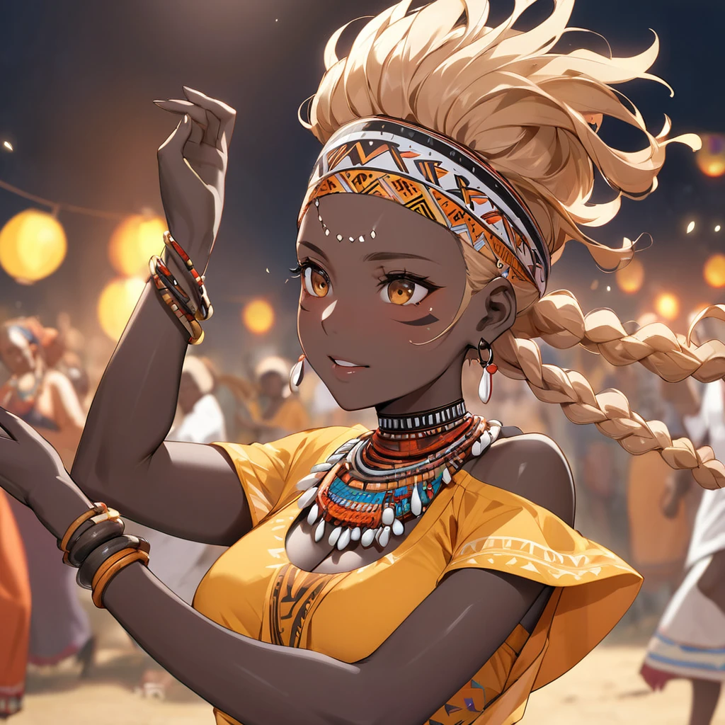 ((Highest quality)), ((masterpiece)), (detailed), (Perfect Face)、The woman has bright black skin、Strong curly hair slicked back、Black, dark skinned, African native tribal woman、The amount of hair is small、Light brown hair、Very short curly hair、Braided hair with detailed braids and slicked back、Her hair is braided and thin, and she wears a tribal headdress and a tribal headscarf.、African black woman beautifully dressed in tribal clothing, tribal earrings and tribal accessories, wearing tribal makeup、A beautiful tribal woman with tattoos all over her body、A woman is dancing a dance dedicated to the spirits at a night festival in a tribal village.