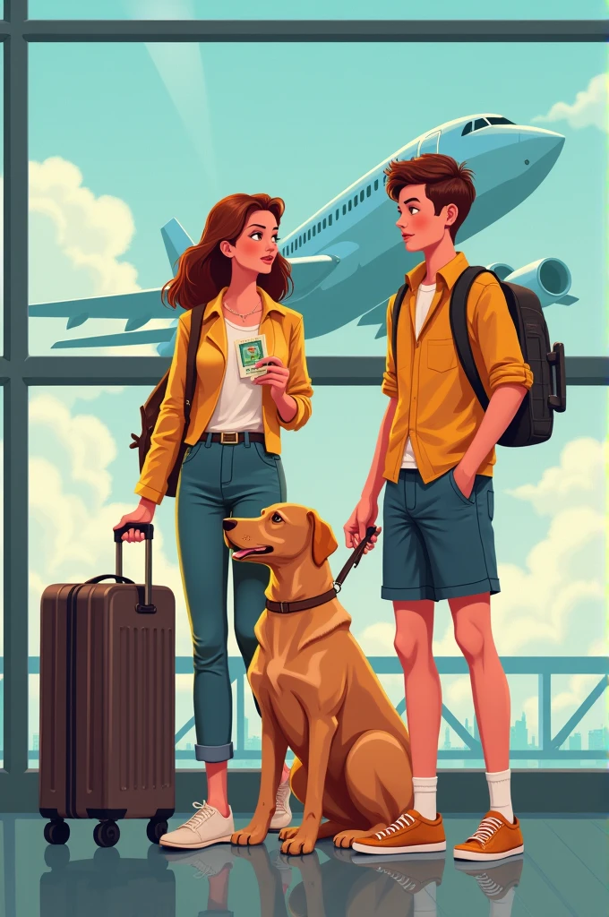 Illustrated image in vertical format with text. "We will want to join together " of a woman with a camel-colored dog and a ager, all with boarding passes in hand, boarding a plane to the 7 wonders of the world