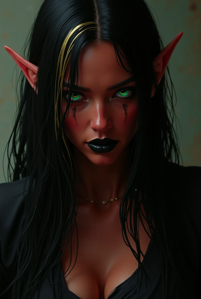 A woman with red skin,and face red Latin features, long black syraight hair with a streak of pure gold and long phosphorescent green almond threatening eyes with black sclerotic in a realistic dark fantasy villain,no sexy ,knife scars on the face already healed, black lips and somewhat pointed ears