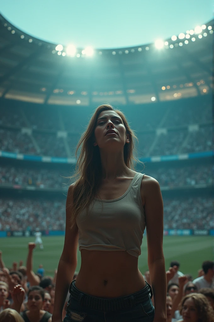 An ugly girl singing at the Santiago Bernabeu stadium