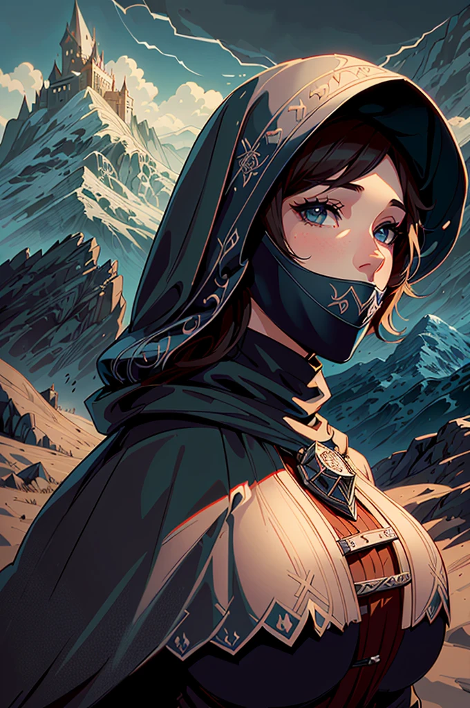 Draw an illustration of a woman from the front, with a hood that covers your face. No fundo, illustrate a fantasy kingdom with a large castle, surrounded by mountains and a dramatic sky. The illustration style should be non-realistic, with fantasy touches and artistic details.
