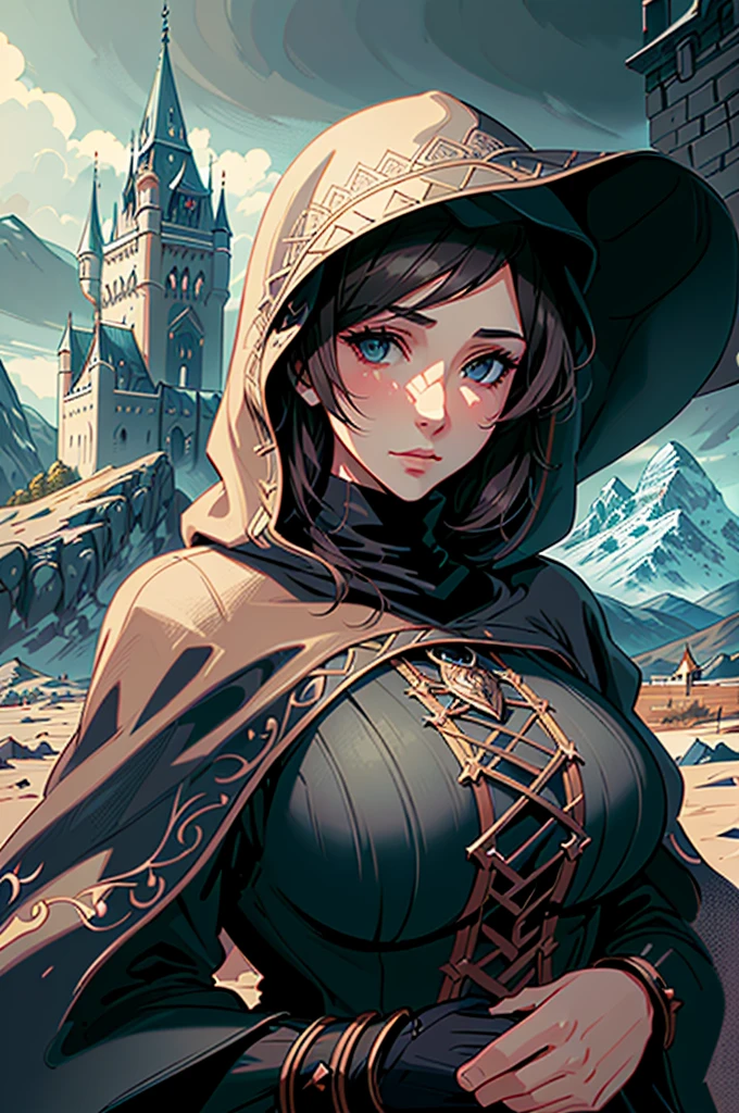 Draw an illustration of a woman from the front, with a hood that covers your face. No fundo, illustrate a fantasy kingdom with a large castle, surrounded by mountains and a dramatic sky. The illustration style should be non-realistic, with fantasy touches and artistic details.