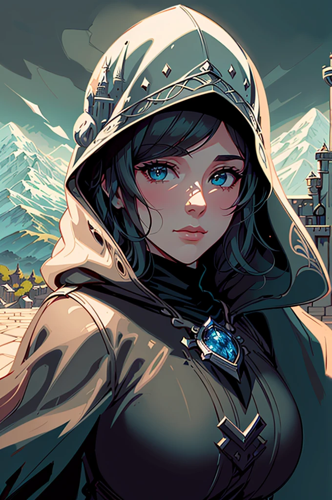 Draw an illustration of a woman from the front, with a hood that covers your face. No fundo, illustrate a fantasy kingdom with a large castle, surrounded by mountains and a dramatic sky. The illustration style should be non-realistic, with fantasy touches and artistic details.
