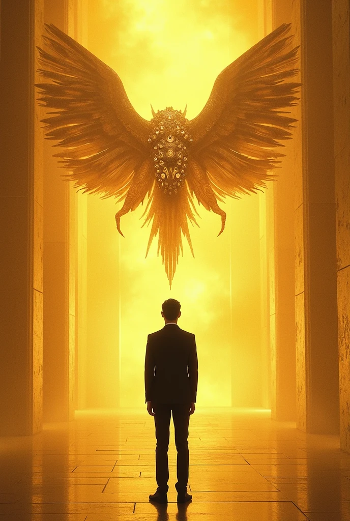 A young man in black suit in a white heavenly gold room facing a six winged creature shaped like a wheel covered with eyes 