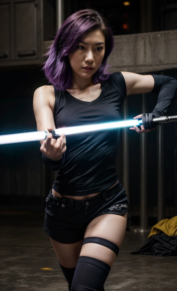 Natasha Liu Bordizzo as Sabine Wren, neckline, expressive eyes, focus on eyes, lightsaber, straight purple hair, NSFW, short black shorts, tight black t-shirt