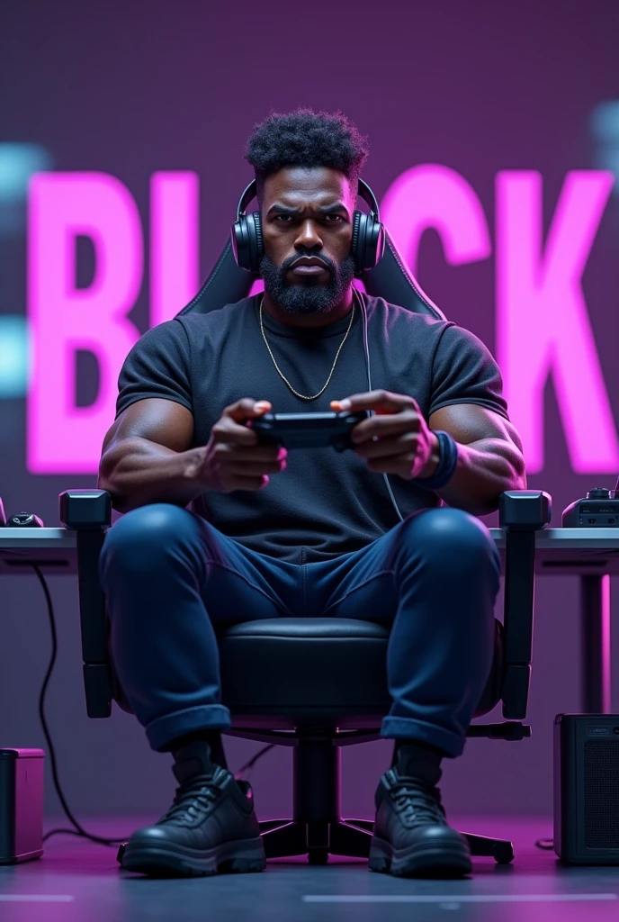 A very strong dark-skinned character in 3D caricature format holding an Xbox controller with a headset sitting in a gamer chair with the word BLACK written in purple lighting in a futuristic environment 
