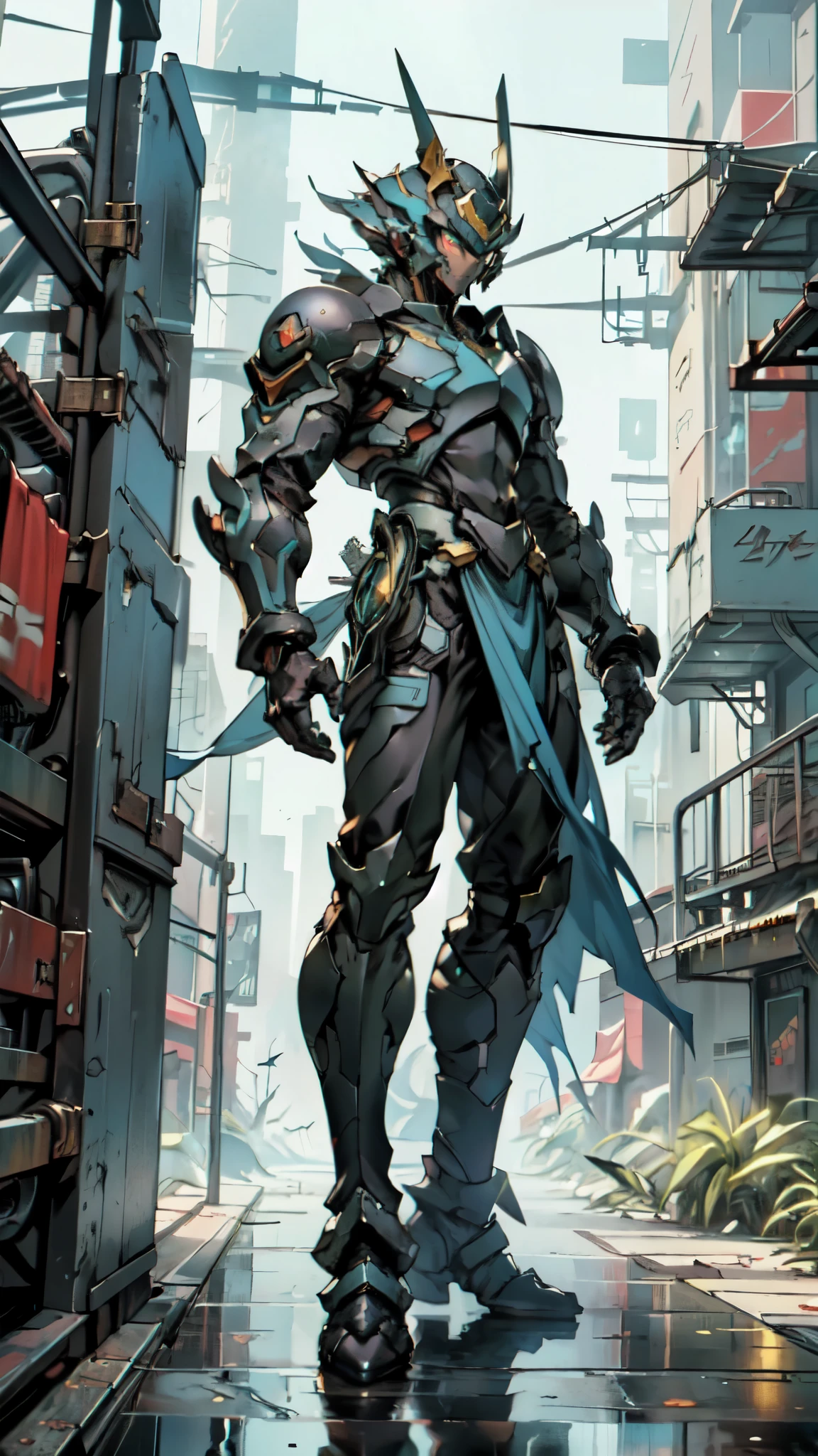 (masterpiece:1.5, best quality:1.5, extremely delicate:1.5), a man wearing a full-face helmet, a fantasy-style biotech armored combat suit, green eyes, (a composite layered chest armor), fully enclosed shoulder guards, matching arm and leg guards, belt of Neon circuit, (the color scheme is primarily blue with red and black accents), the design balances heavy with agility, a high-tech bio-mecha armor, (Armor Concept Inspired by neon Cyberpunk, stand on the top of a skyscraper in a futuristic sci-fi city), this character embodies a finely crafted fantasy-surreal style armored hero in anime style, exquisite and mature manga art style, (element, plasma, energy, the armor glows), ((male:1.5)), metallic, high definition, highres, ultra-detailed, ultra-fine painting, professional, perfect body proportions, golden ratio, anatomically correct, symmetrical face, extremely detailed eyes and face, high quality eyes, creativity, RAW photo, UHD, 32k, Natural light, cinematic lighting, masterpiece-anatomy-perfect