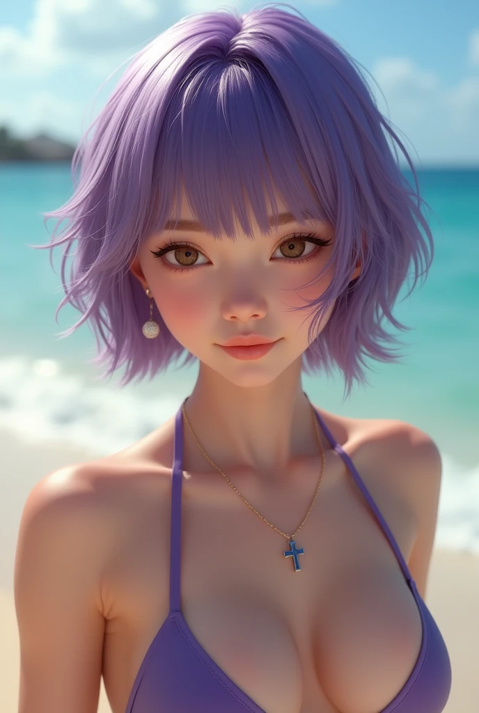 girl, White skin, ((Short hair with purple tips:1.3),V cut with layers and bangs, Brown eyes, Soft atmosphere characteristics (Highest quality, Ultra-high resolution, 8k, RAW Photos, Ultra-high resolution: 1.2, masterpiece: 1.3), (Realistic, Realistic: 1.37), Very detailed, Professional Lighting, Photon Mapping, Radio City, 物理ベースレンダring, One Girl, (18 year old high school girl:1.2), Sharp focus:1.2、Beautiful woman:1.4,cute, Nice,(Adorable smile:1.2), Normal chest, Cross Necklace、Earrings、ring,(Cleavage)、((Low-rise bikini:1.2),(Model Pose:1.2),()(From head to knees:1.2)()))(Looking at camera:1.2),(Sleeping on your back:1.1)(Armpits:1.2)on Waikiki beach))),(Selfie:1.2),